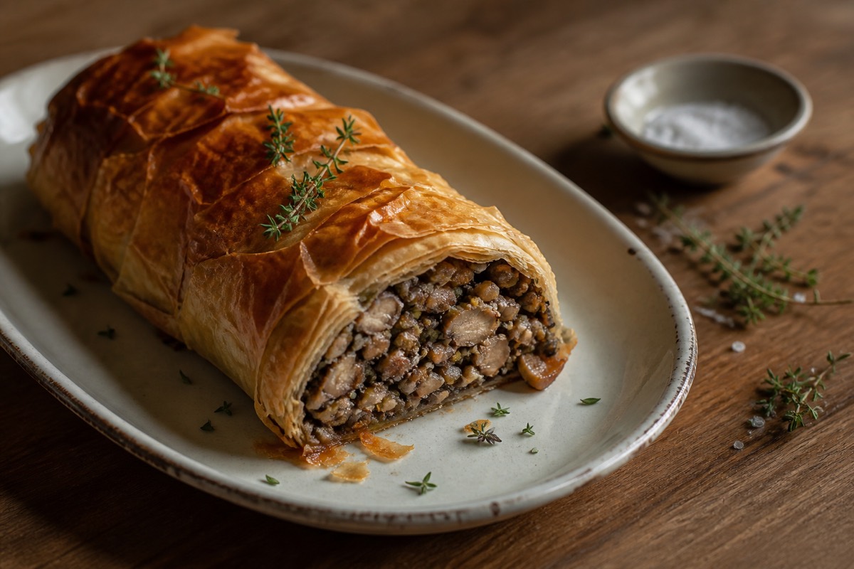 Mushroom & chestnut filo wellington