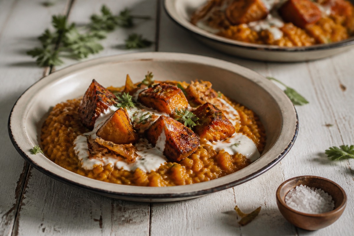 Masala roast squash & red lentil bowls