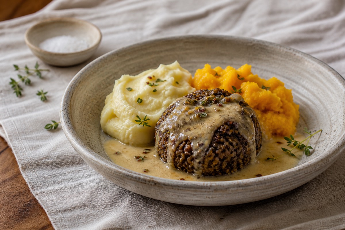 Veggie haggis with neeps, tatties & whisky sauce