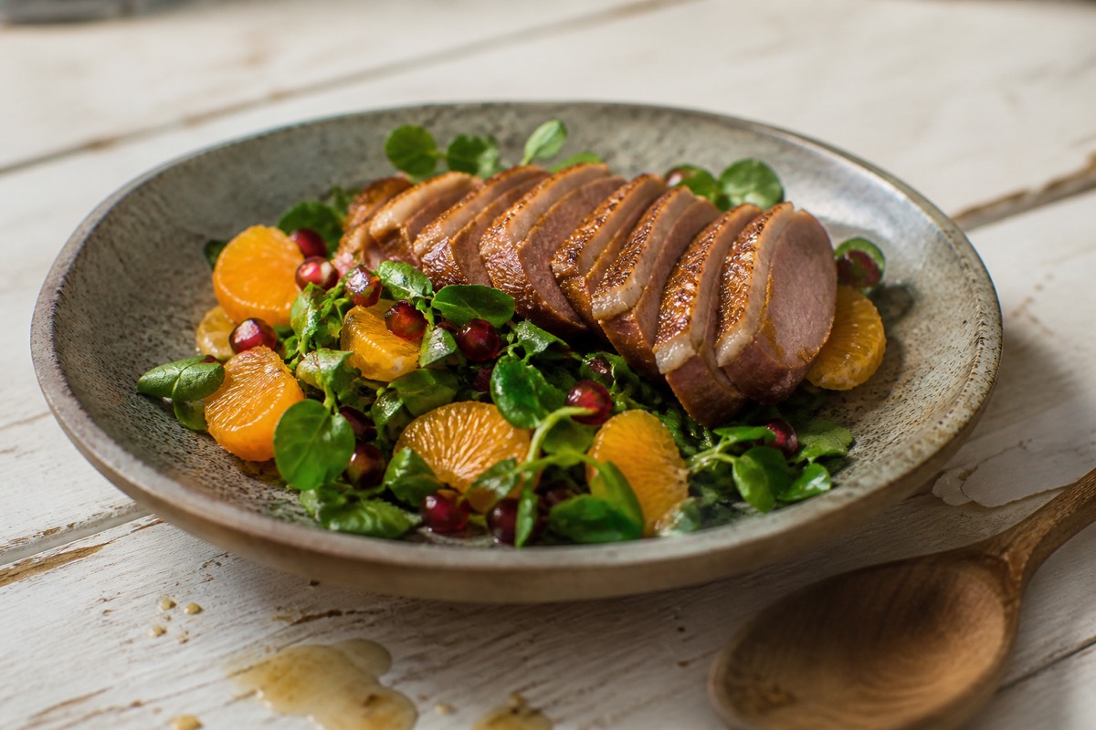 Warm duck, clementine & watercress salad