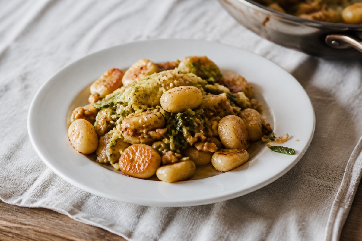 Crispy gnocchi with sprouts, brown butter & walnuts
