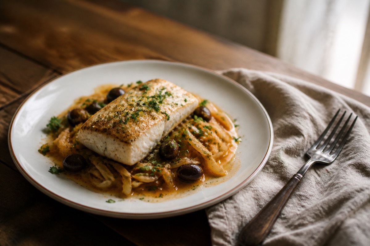 Orange-braised fennel with baked cod & olives
