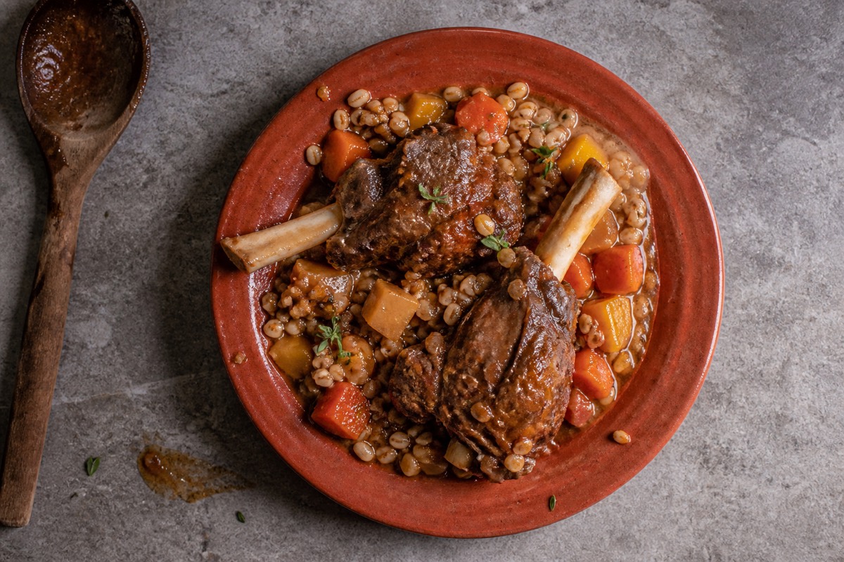 Lamb shanks braised with barley & root veg