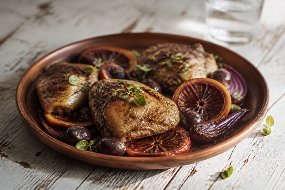 Blood orange chicken with olives & oregano