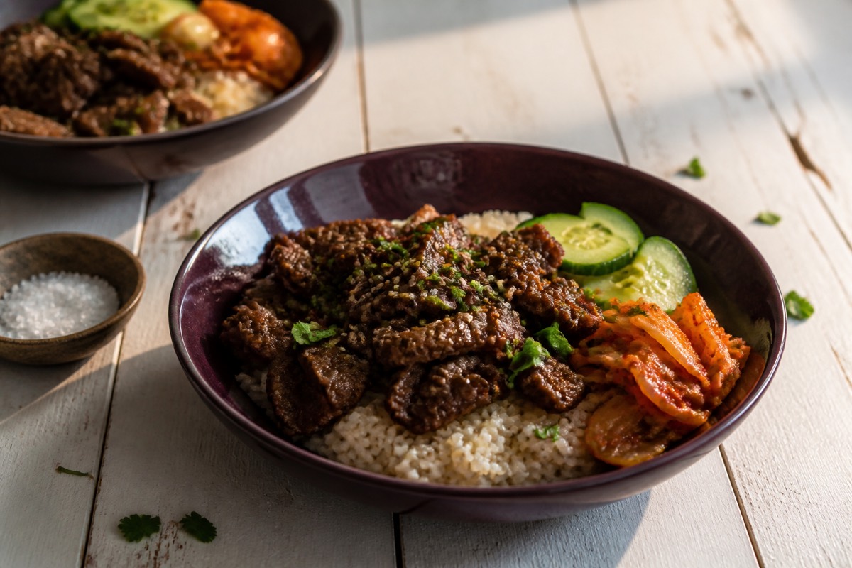 Quick beef bulgogi bowls with kimchi