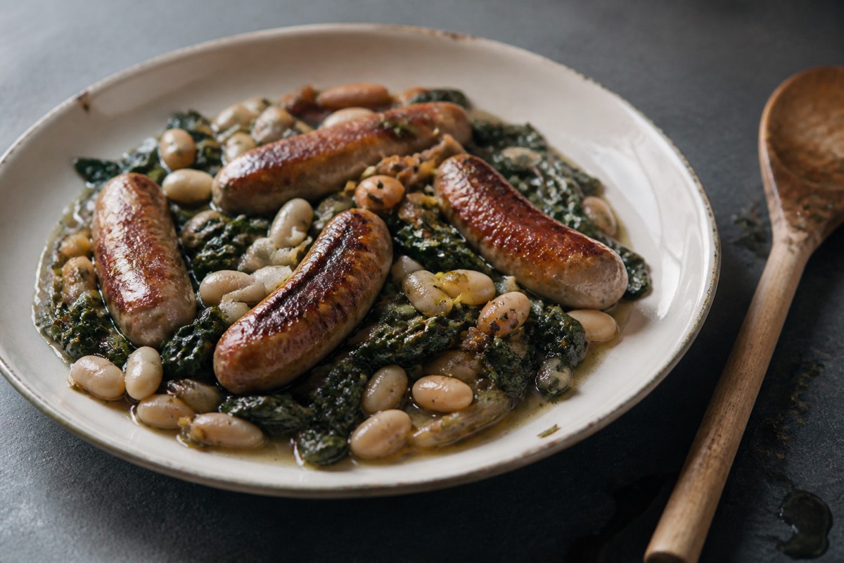 Tuscan chicken sausage, bean & cavolo nero pot