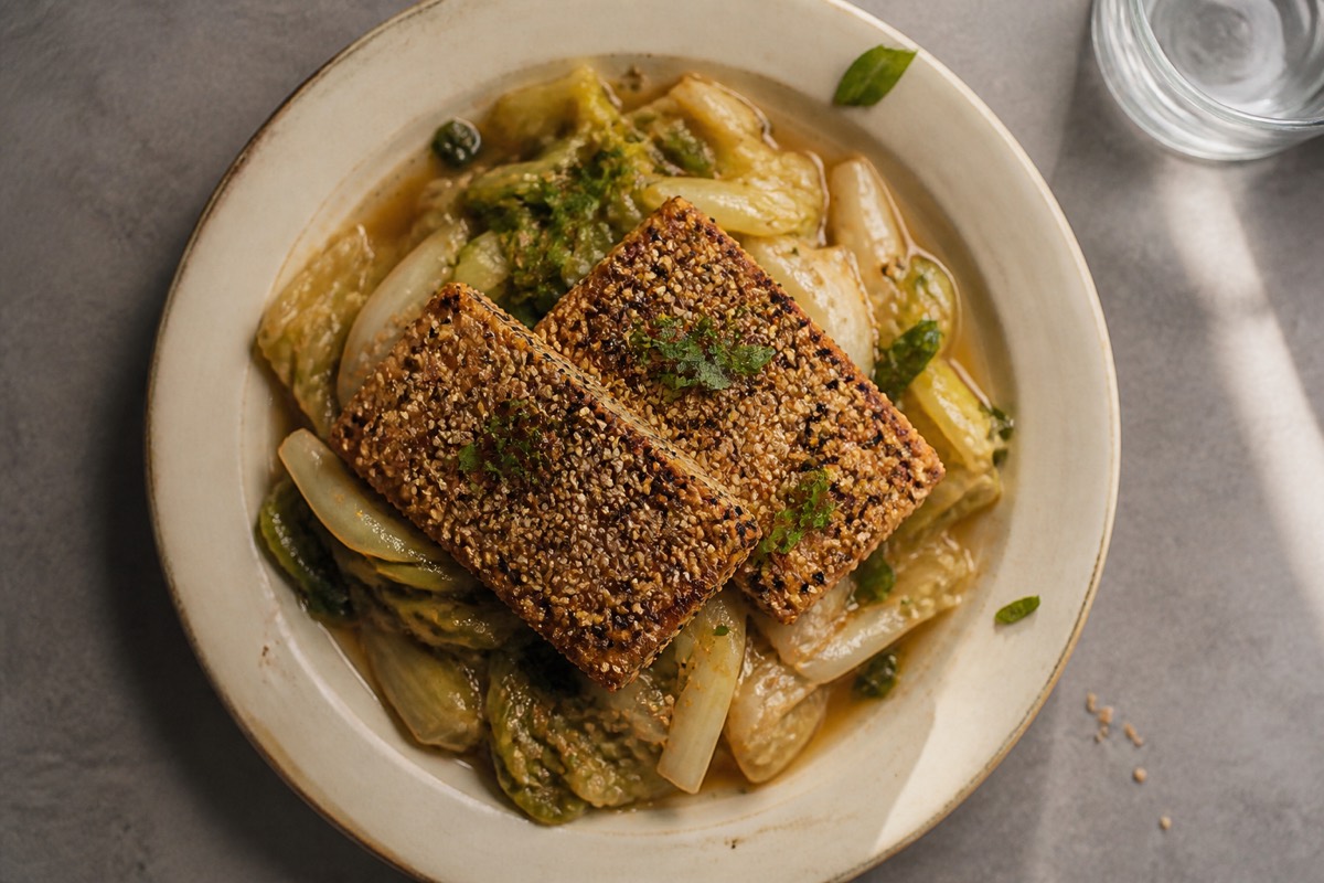 Sesame tofu with ginger-braised winter greens