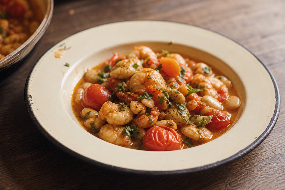 Twenty-minute prawn, tomato & butter bean stew