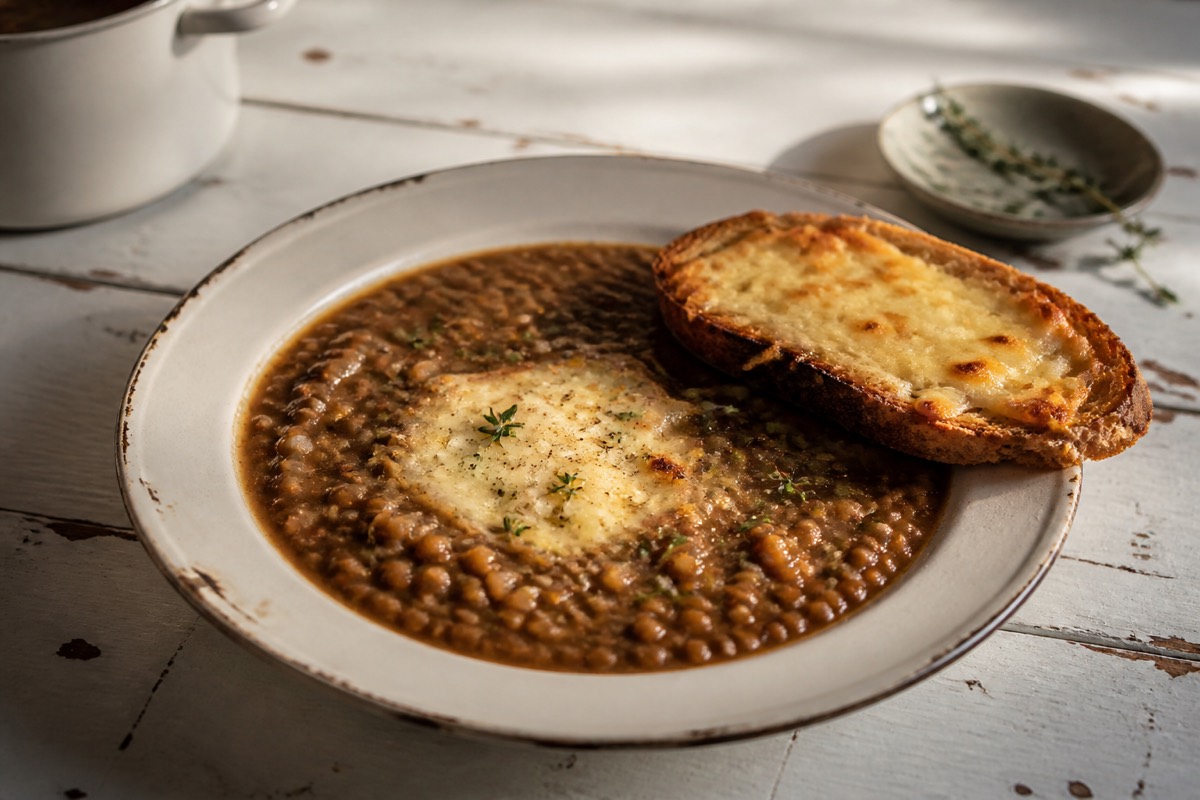 Caramelised onion & green lentil soup