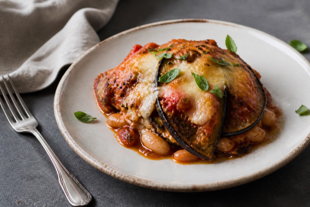 Baked aubergine parmigiana with extra beans