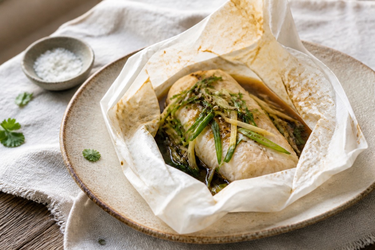 Steamed fish parcels with ginger & spring onion