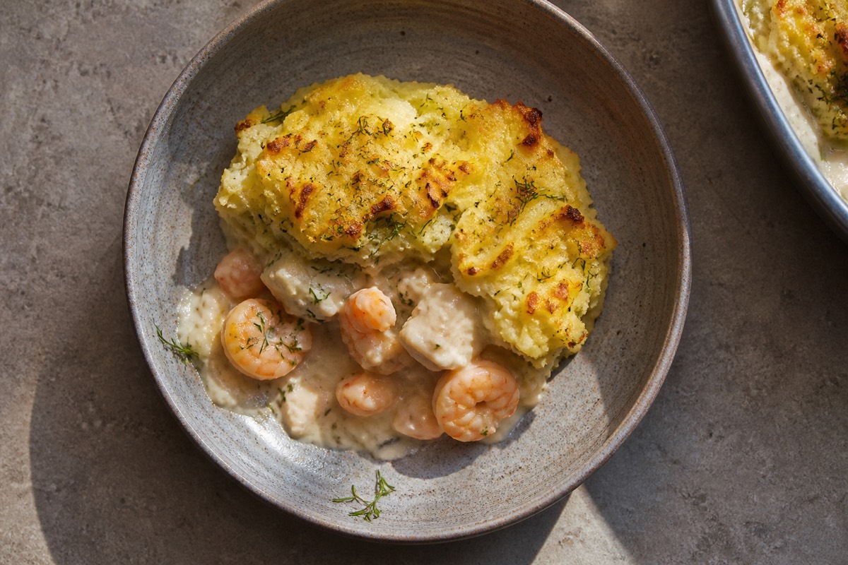 Mother's Day fish pie with prawns & dill mash