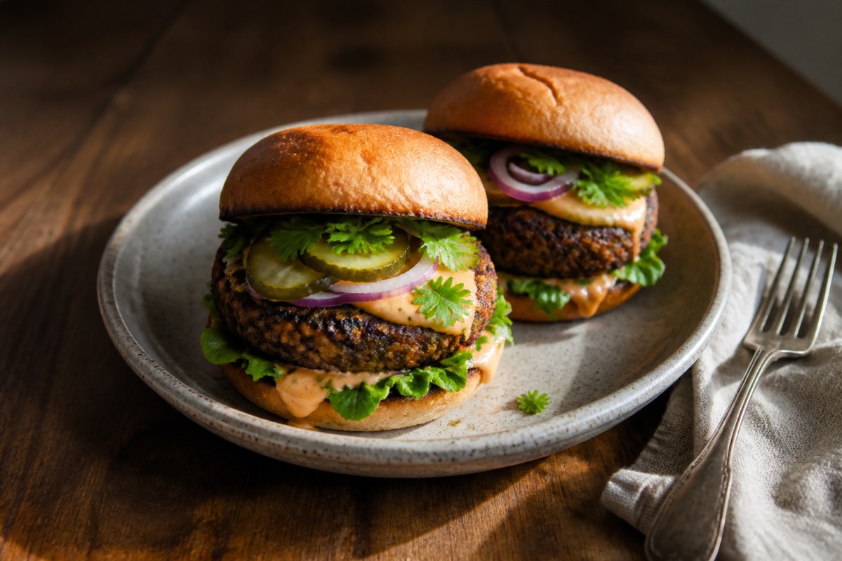 Black bean & mushroom smash burgers
