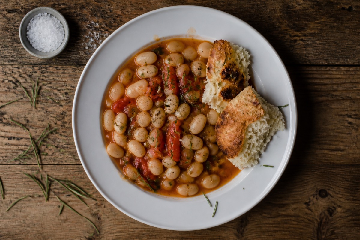 Tomato & rosemary white bean stew with focaccia