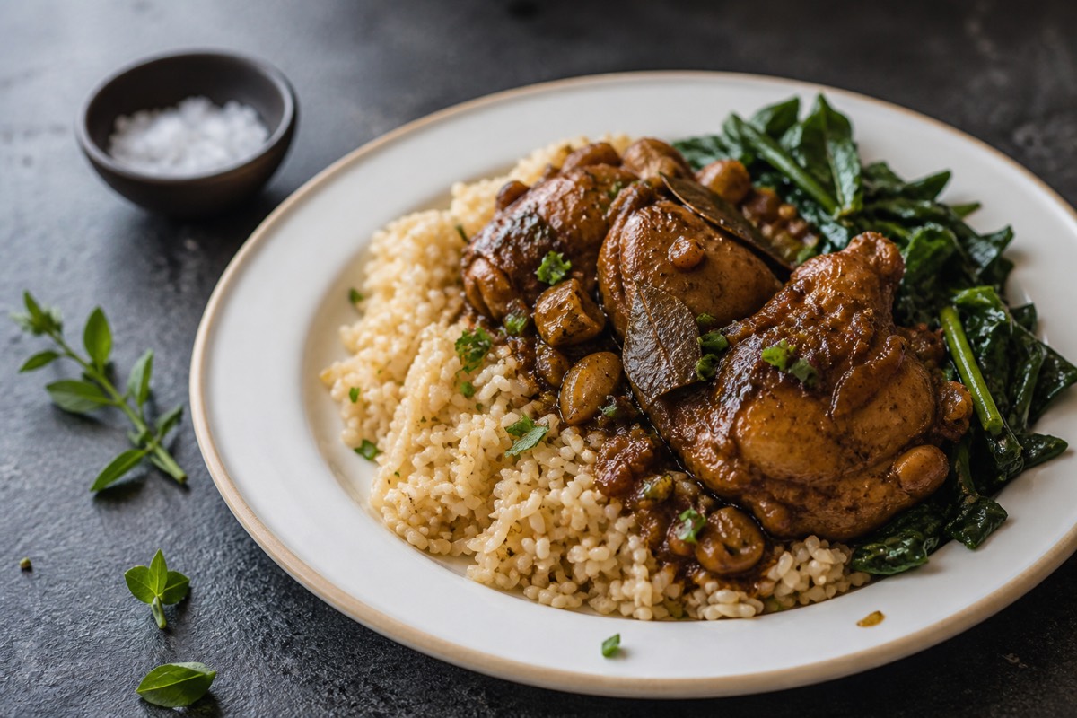 Chicken adobo-style with garlic rice