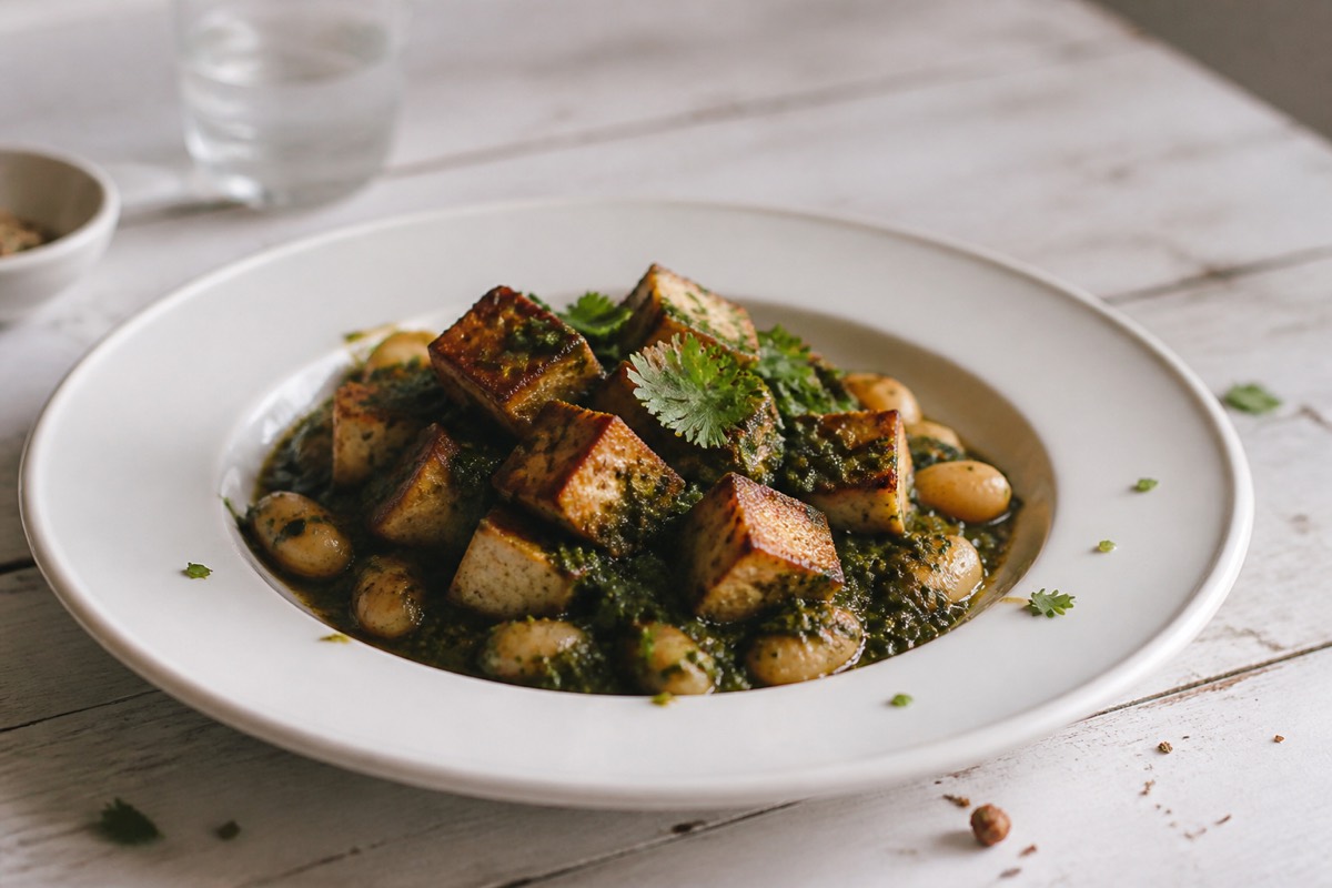 Weeknight saag tofu with garlic butter beans