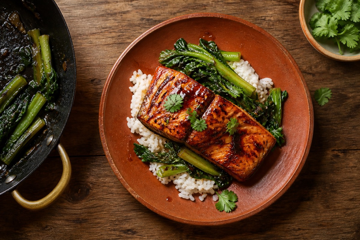 Sticky tamarind salmon with stir-fried greens