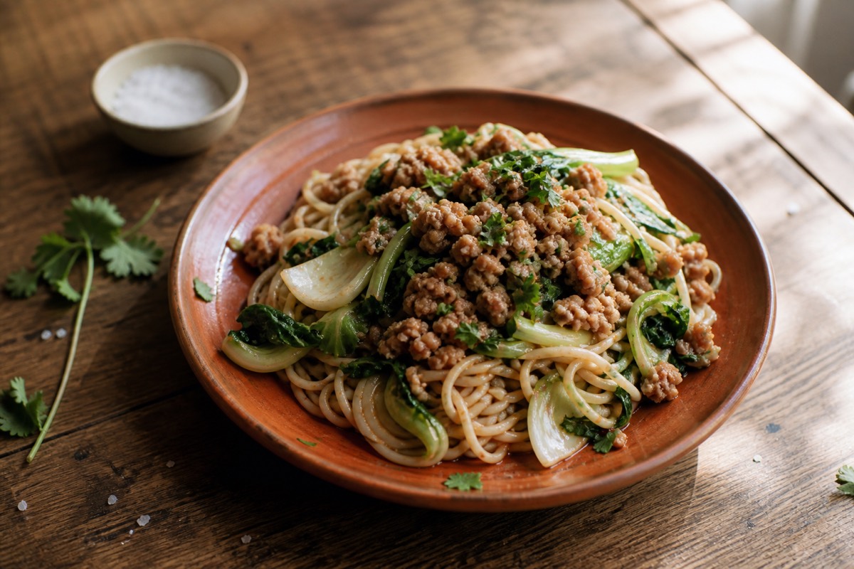 Lighter dan dan noodles with pork & pak choi