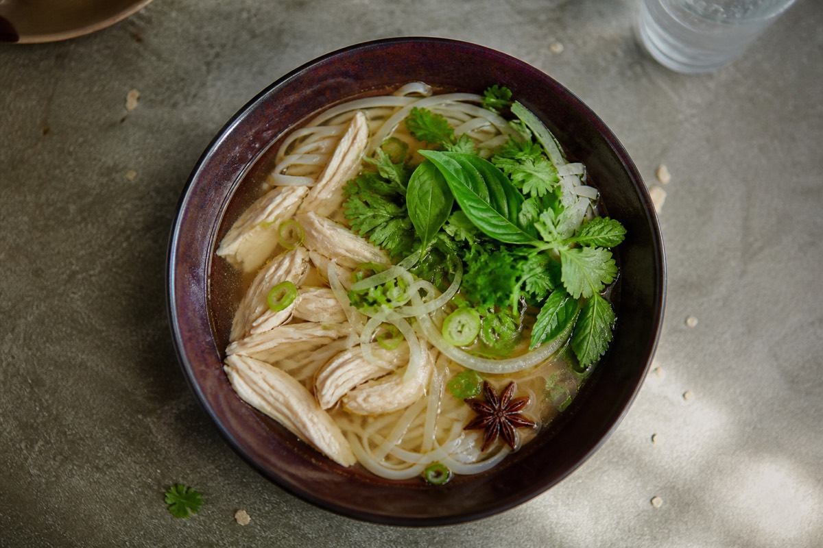 Quick chicken pho with herbs