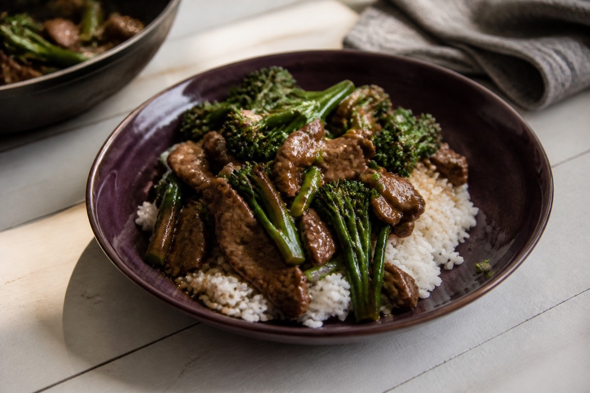 Beef & purple sprouting in oyster sauce