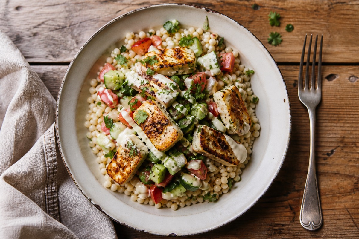 Halloumi shawarma bowls with giant couscous