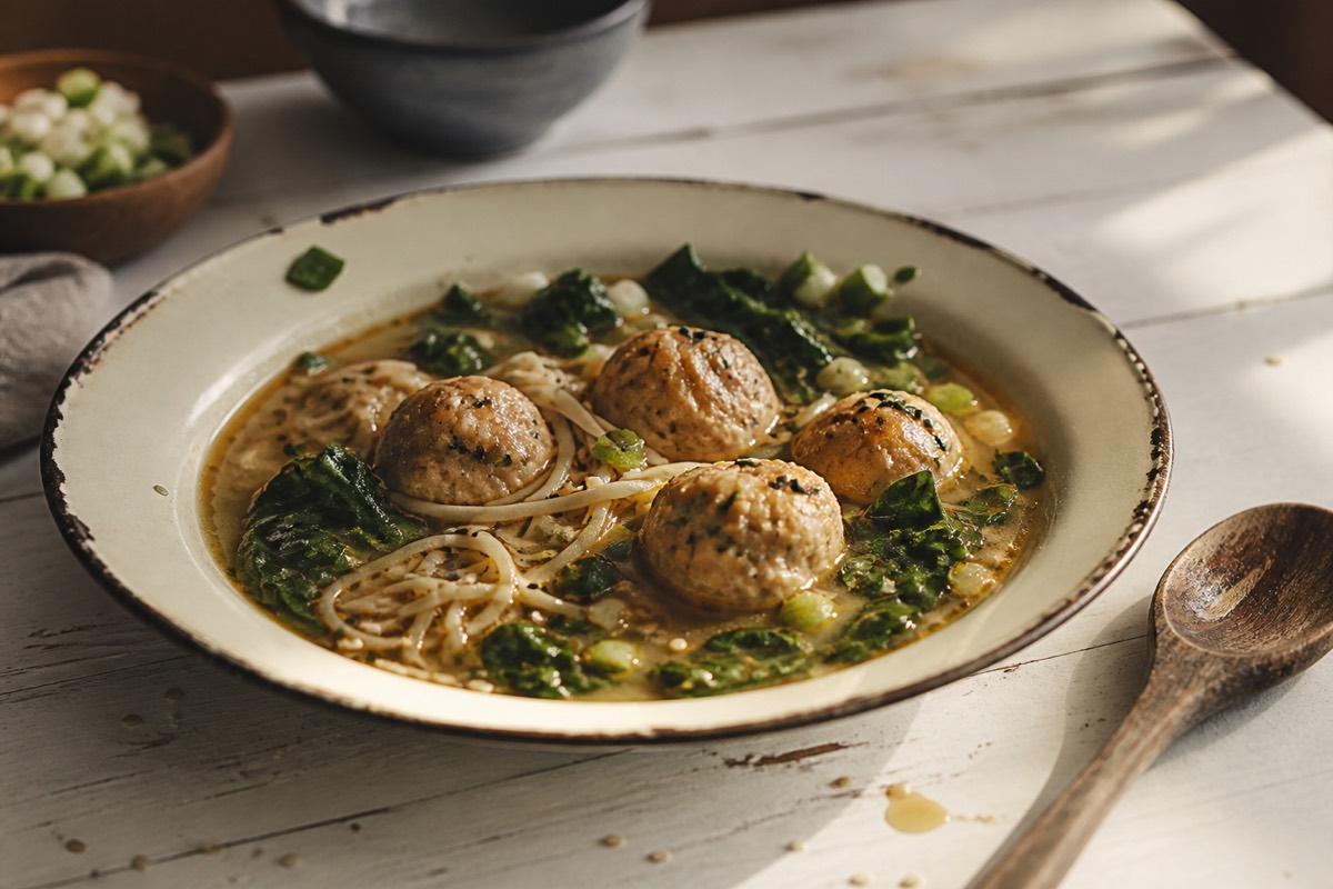 Chicken meatballs in sesame-ginger broth