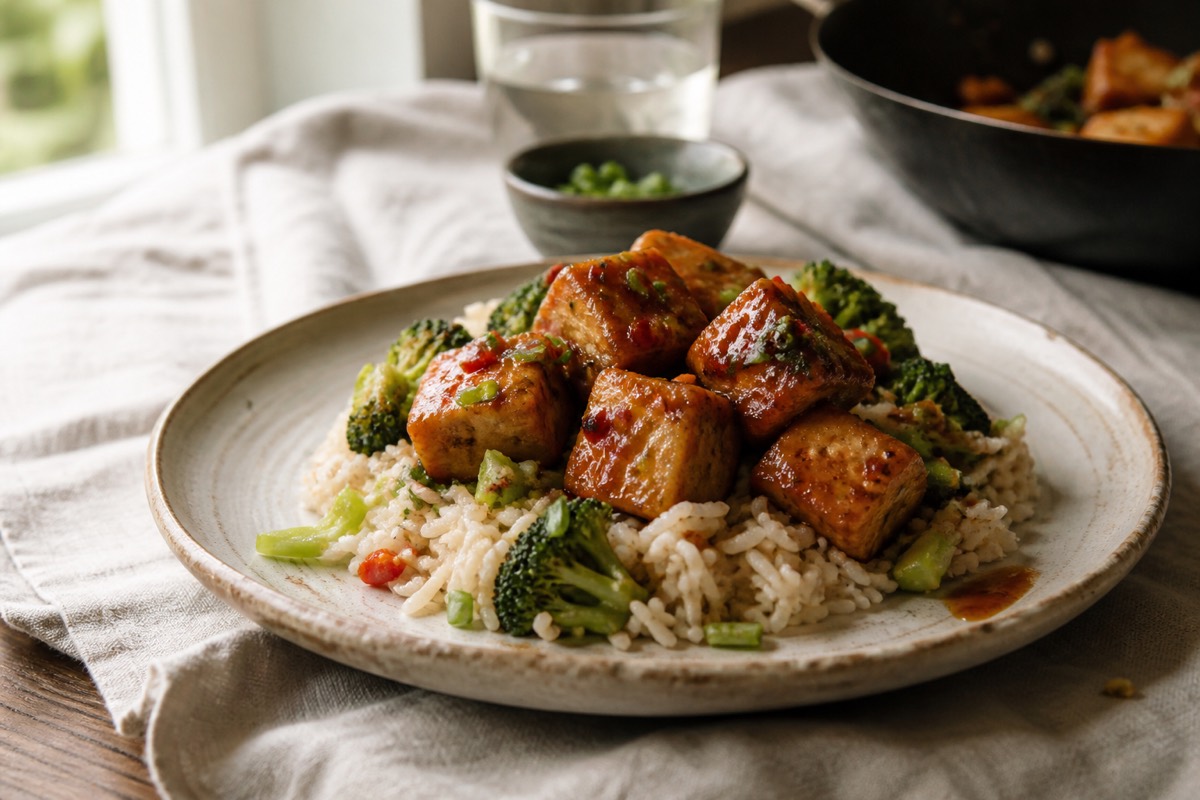 Crispy chilli tofu with broccoli rice bowls
