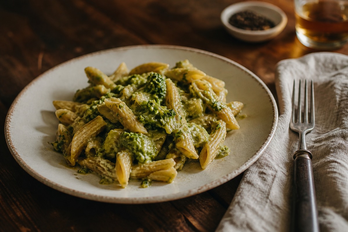 Wholewheat pasta with broccoli melted into the sauce