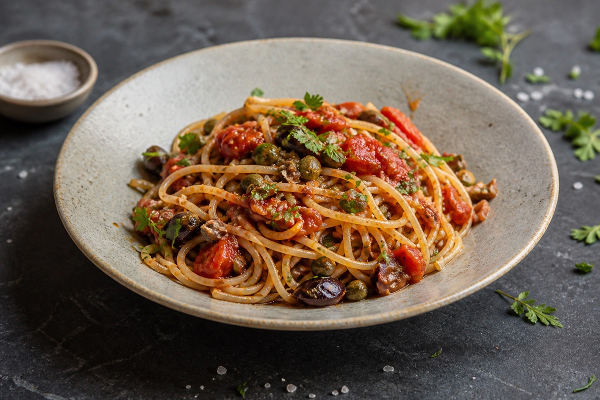 Wholewheat spaghetti puttanesca