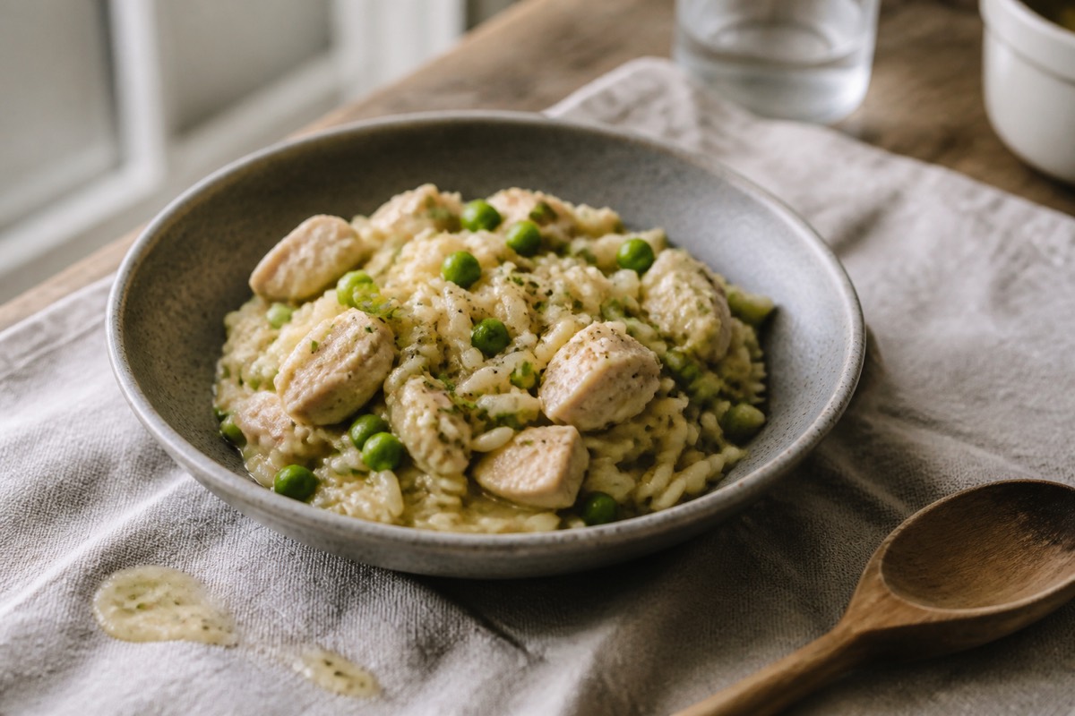 Chicken & leek orzotto with peas
