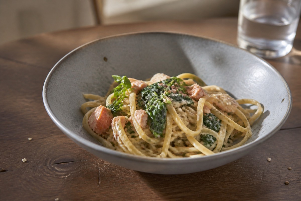 Salmon & watercress linguine with creme fraiche