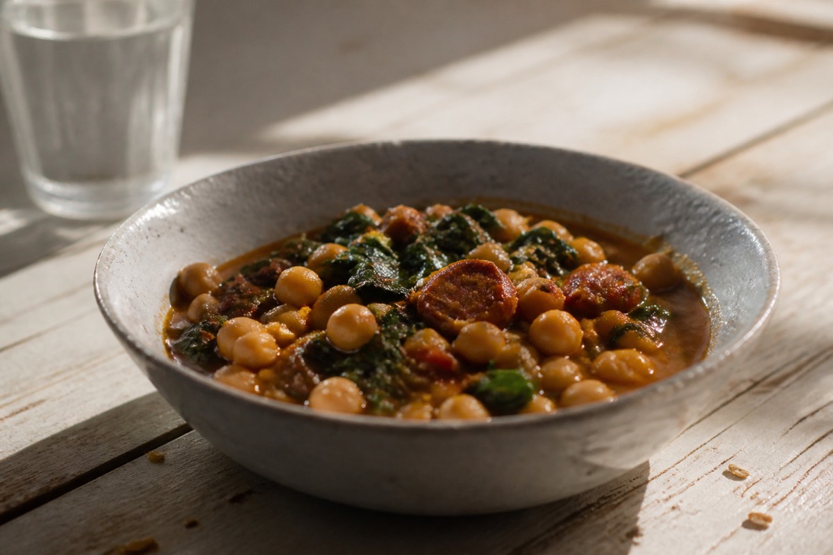 Chickpea & spinach stew with a little chorizo