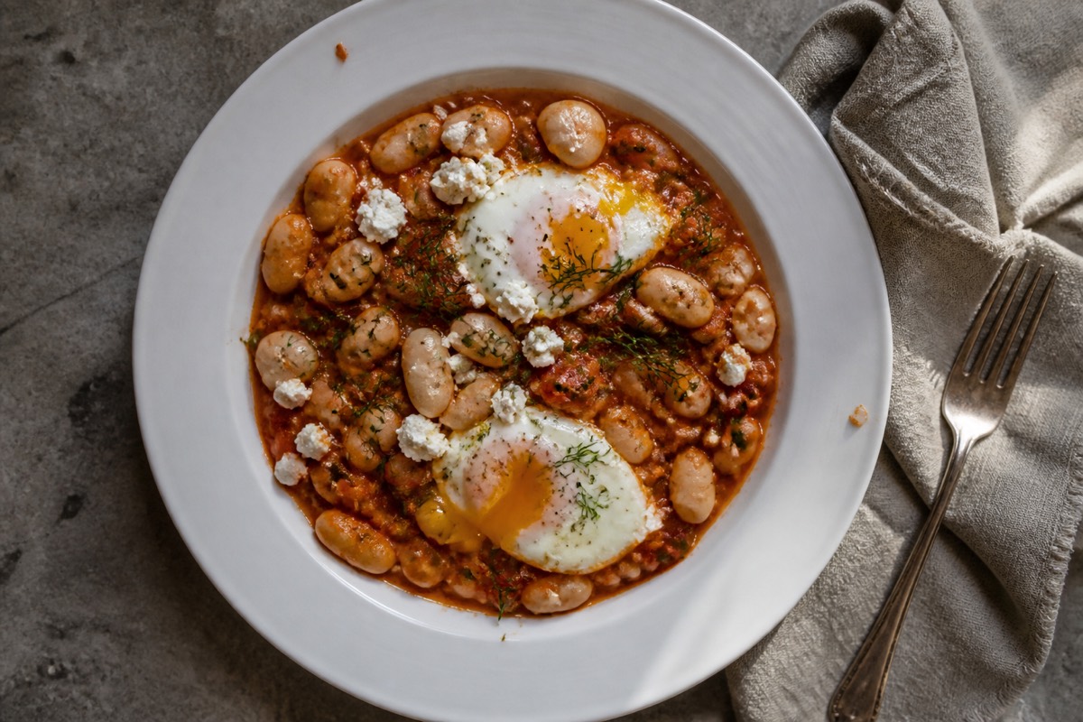 Gigantes baked eggs with feta & dill
