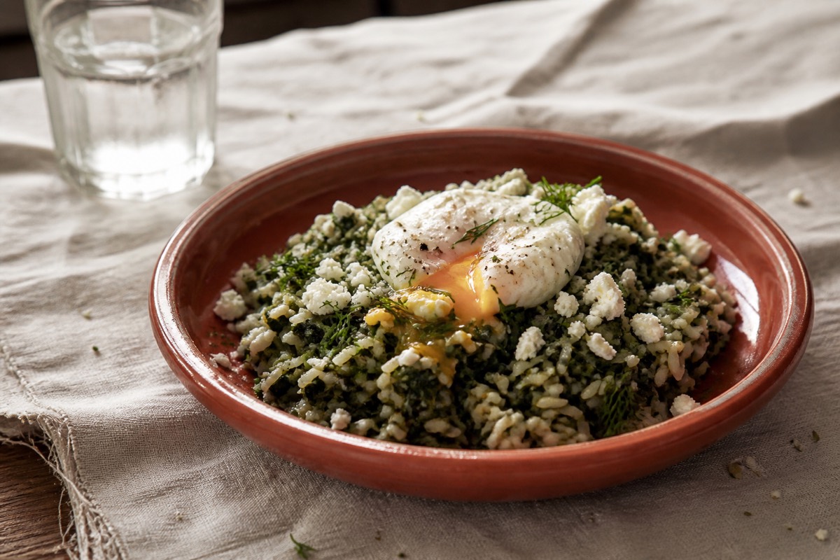 Spanakorizo: Greek spinach rice with feta & egg