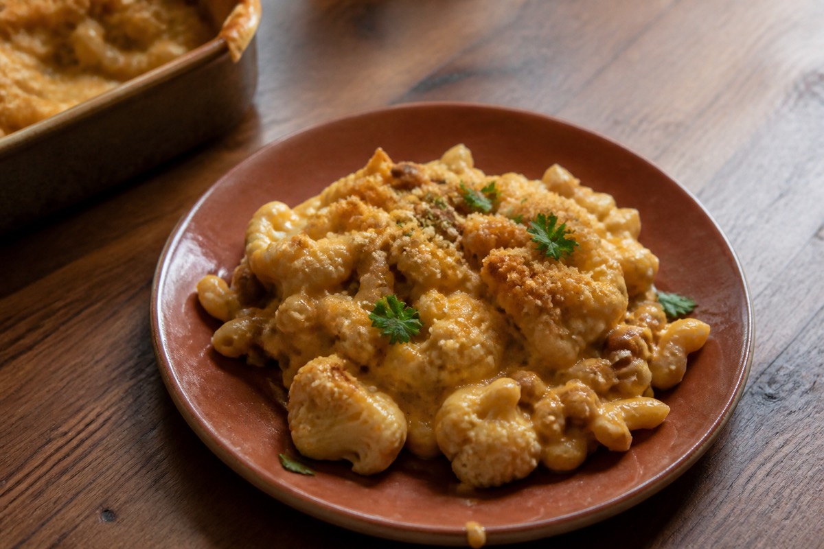 Half-and-half cauliflower macaroni cheese
