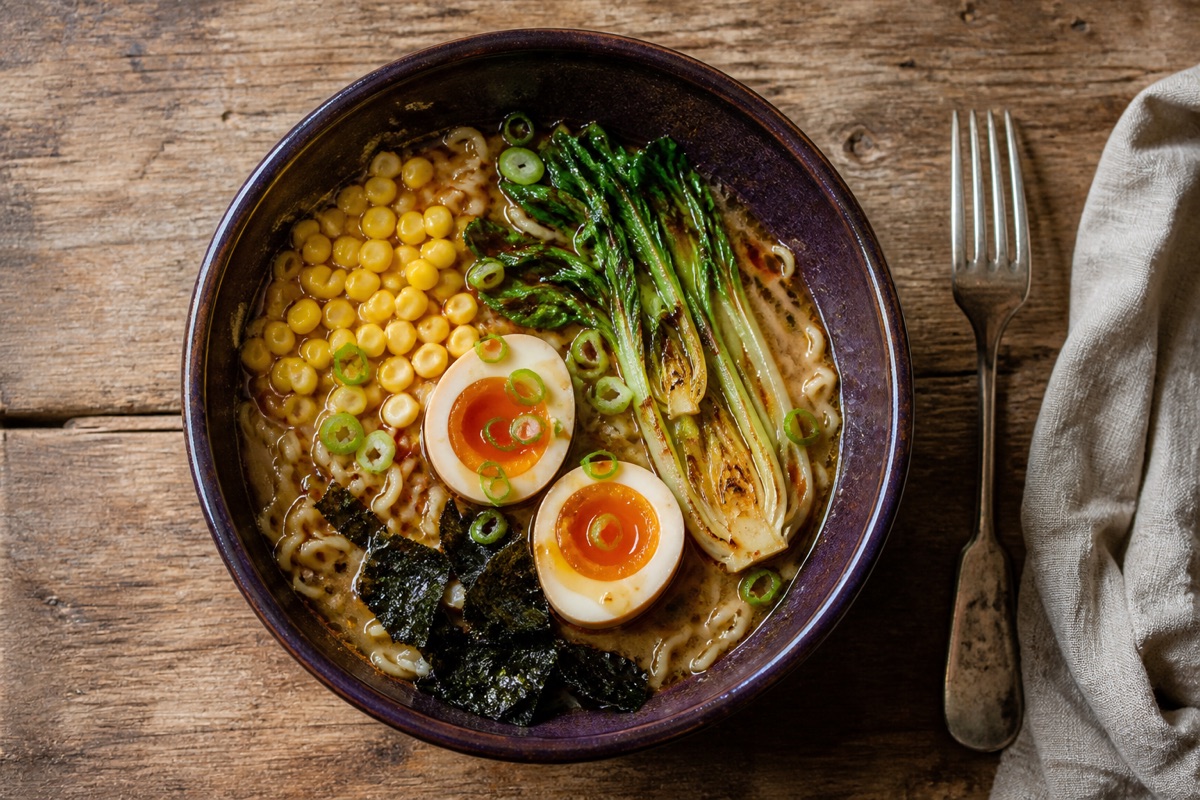 Loaded vegetable ramen with marinated eggs