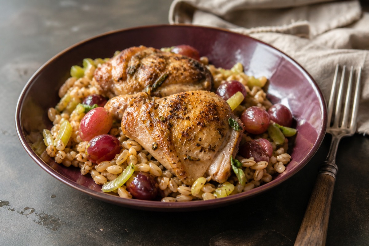 Warm chicken, grape & grain supper salad