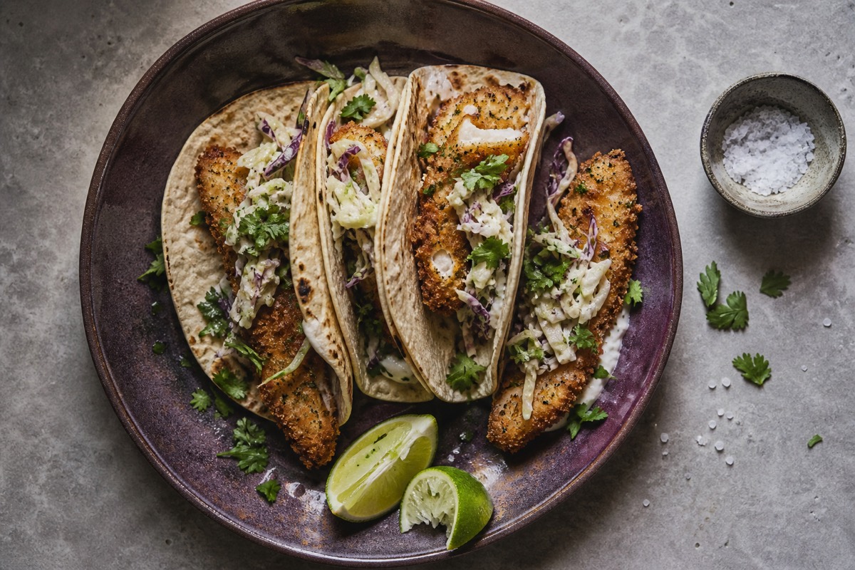 Crispy fish tacos with lime slaw (family fish night)