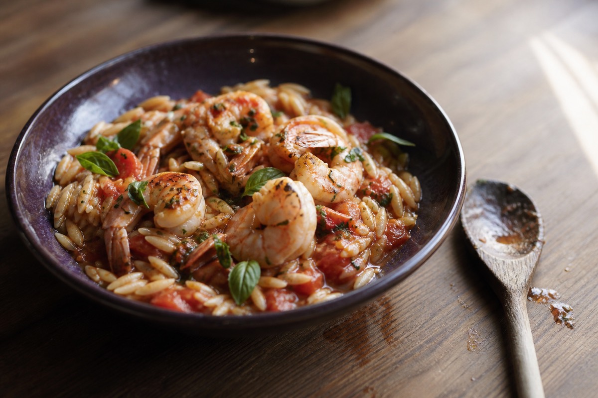 Garlic butter prawns with tomato orzo