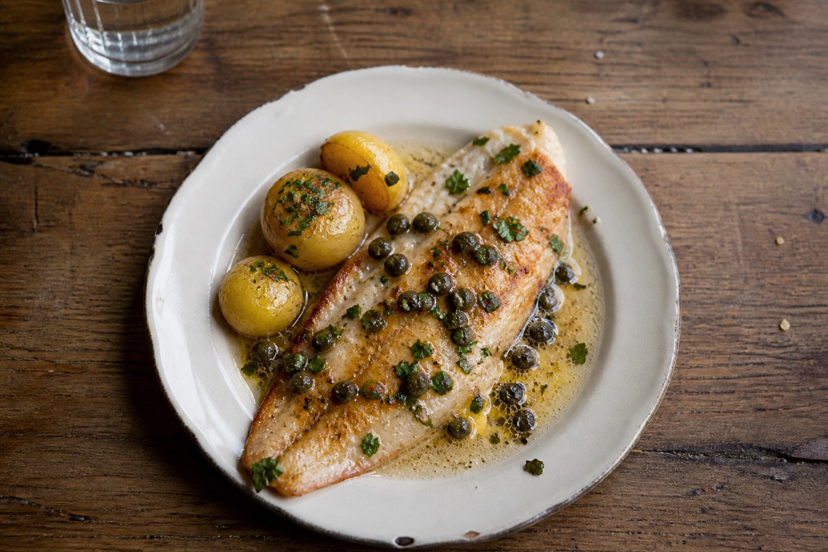 Lemon sole with brown butter, capers & new potatoes