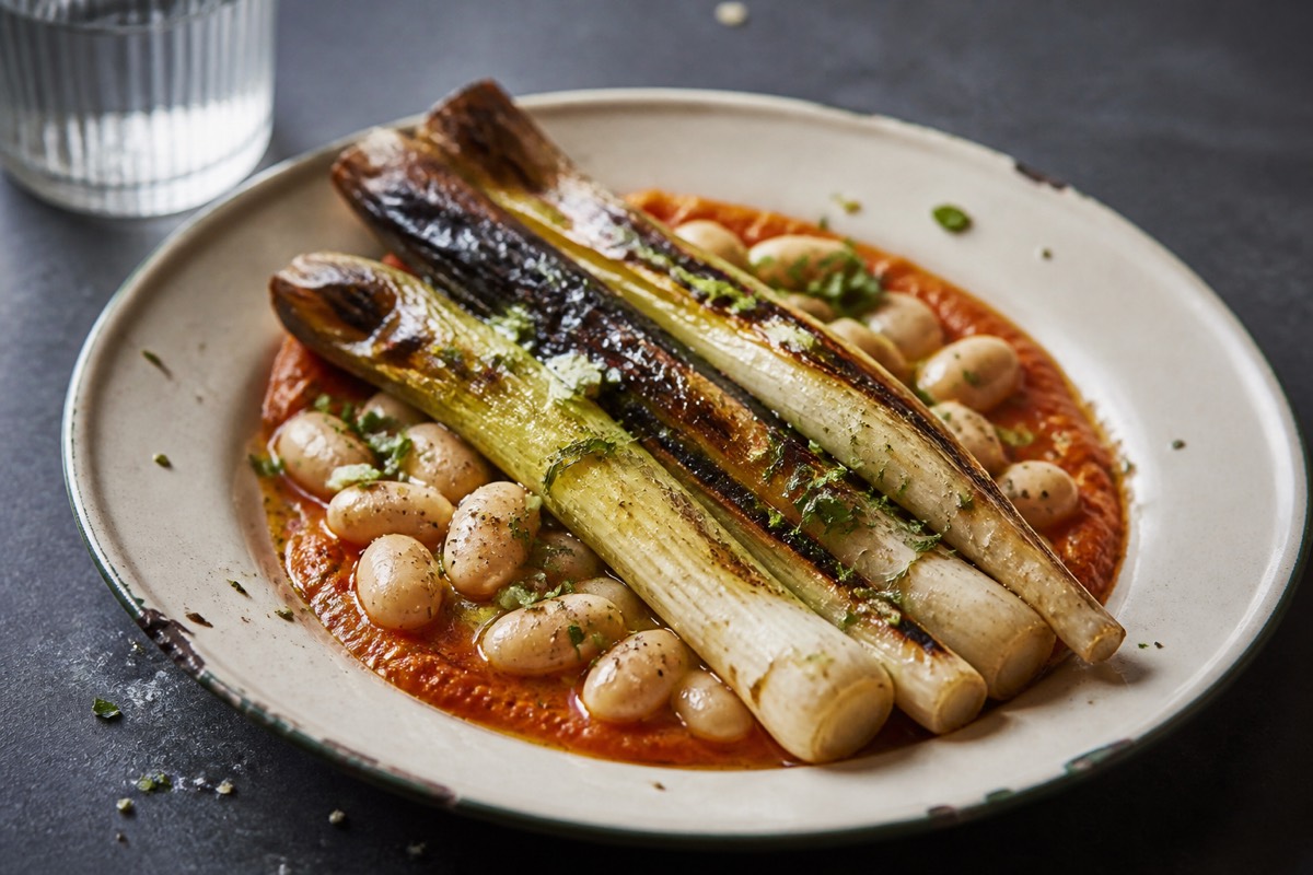 Charred leeks with romesco & butter beans