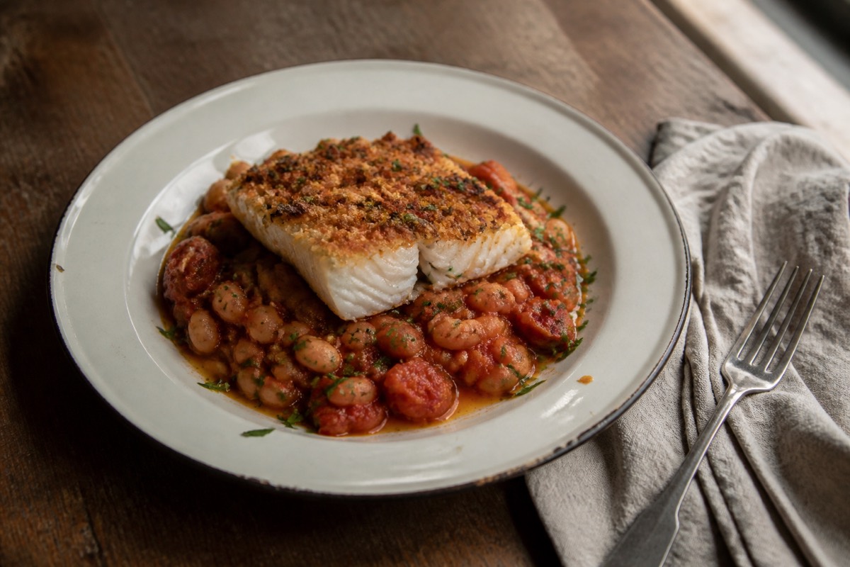 Cod with chorizo crumb & tomato butter beans