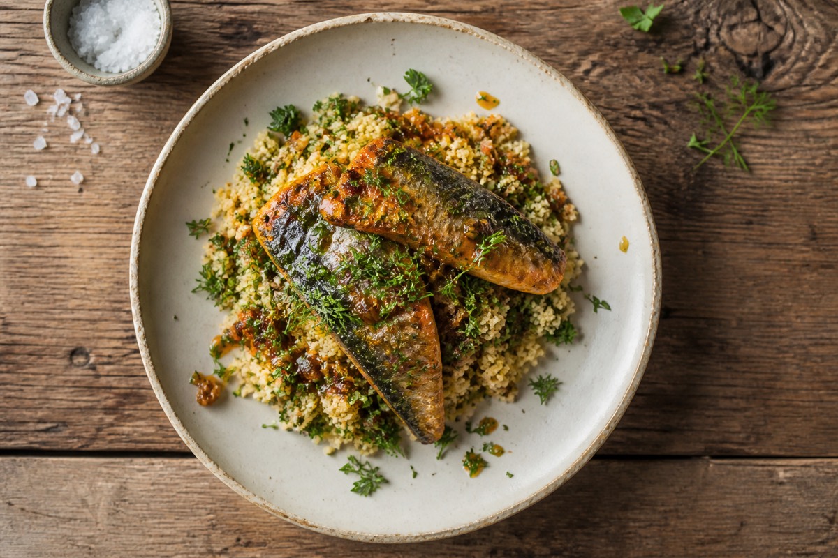 Harissa mackerel with lemon couscous