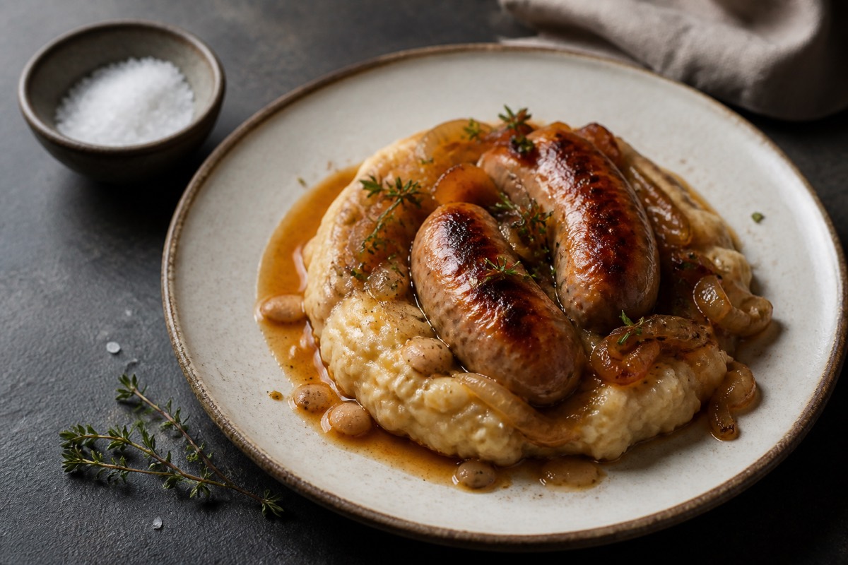 Chicken sausages with celeriac-bean mash & onion gravy