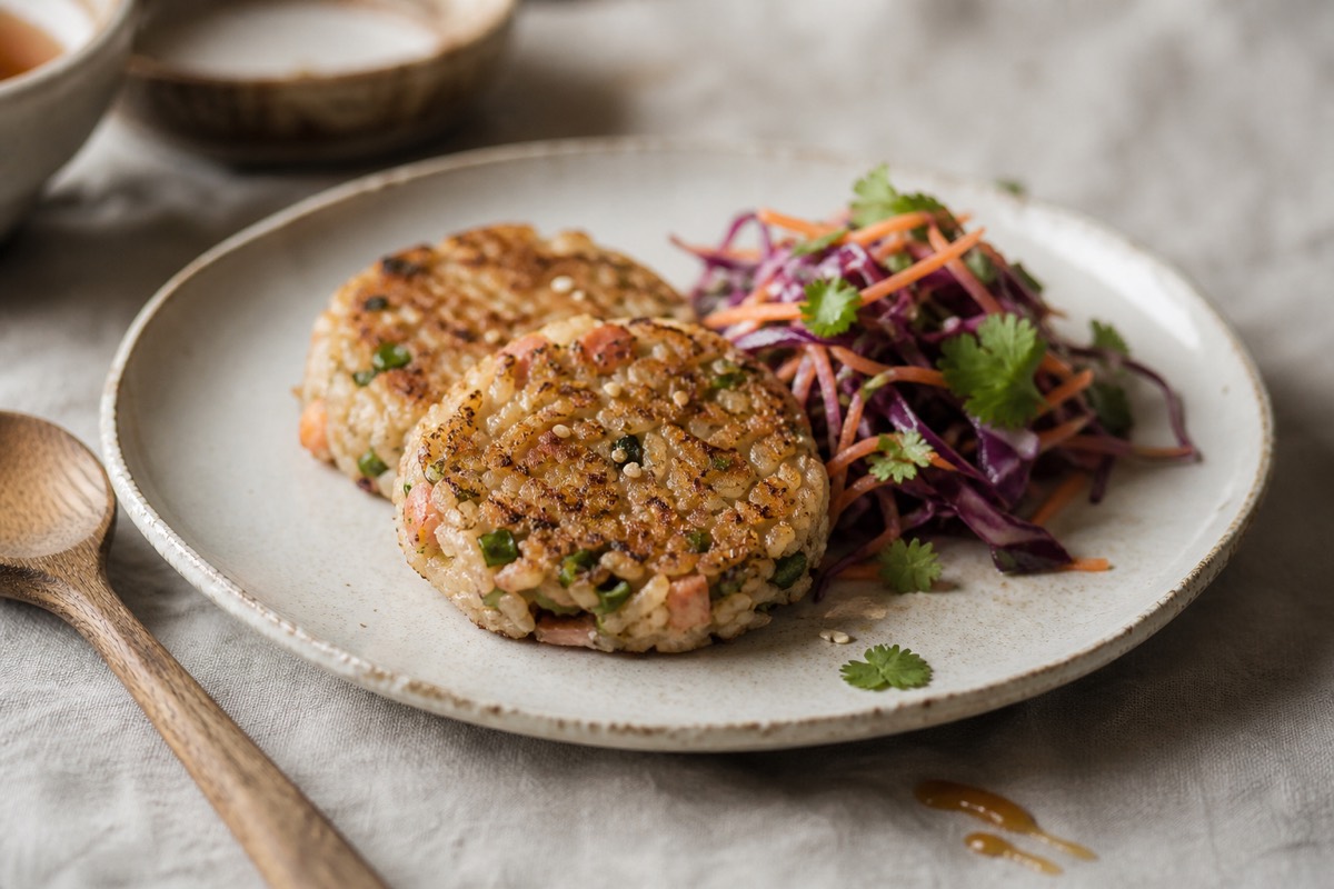 Salmon & spring onion rice cakes with slaw