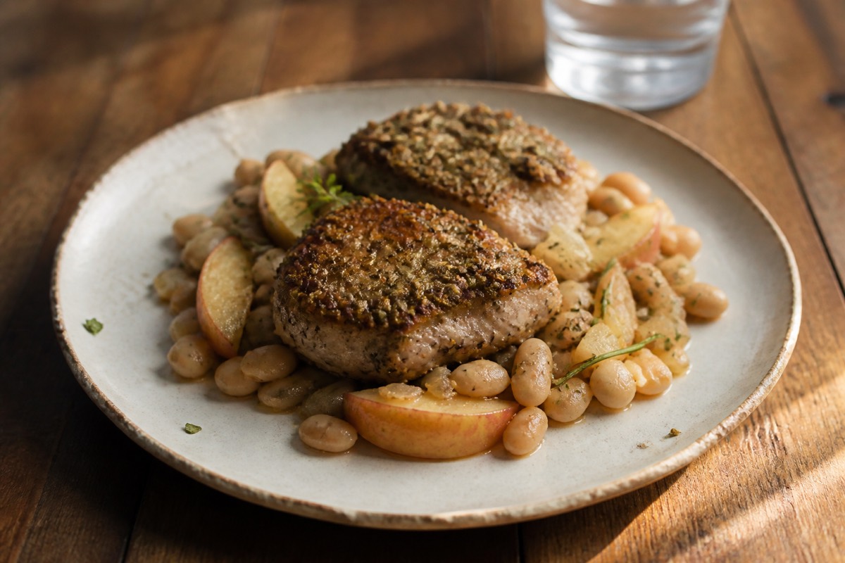 Fennel-crusted pork with white beans & apples