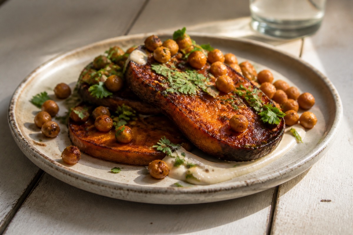 Miso sweet potato steaks with crispy chickpeas
