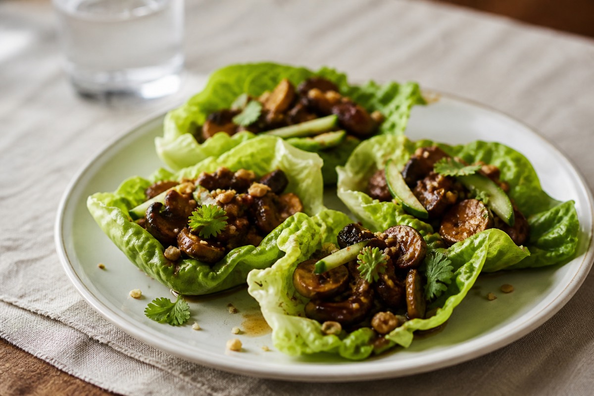 Hoisin mushroom & walnut lettuce cups