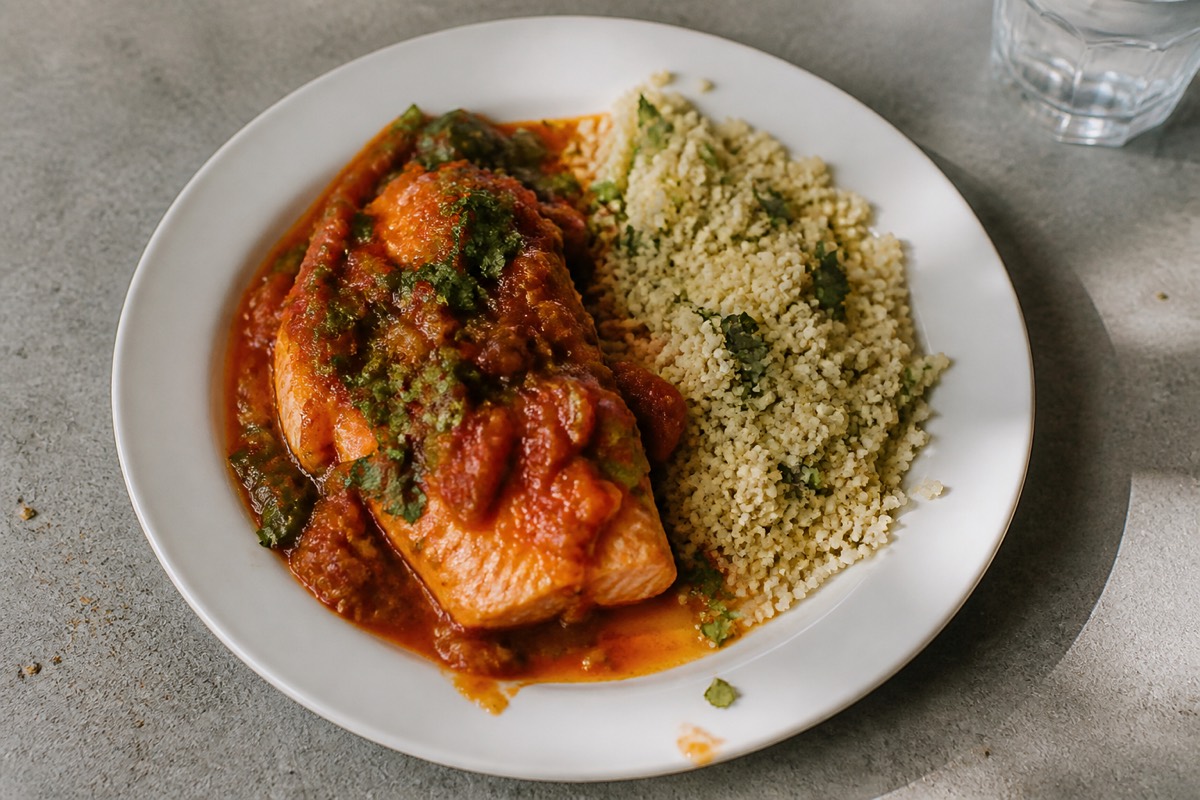 Salmon chraimeh in spiced tomato sauce