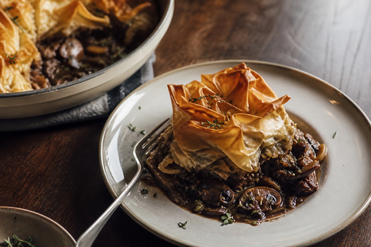 Mushroom bourguignon filo pot pies